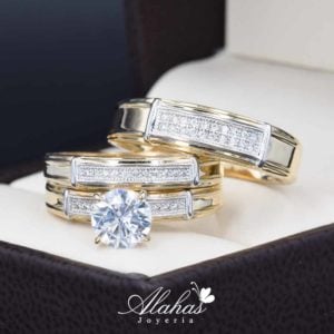 Trio de boda oro 14k con zirconias Troz-093