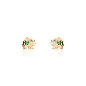 Dormilona de elefante en oro 14k con zirconia verde con rosca para bebe