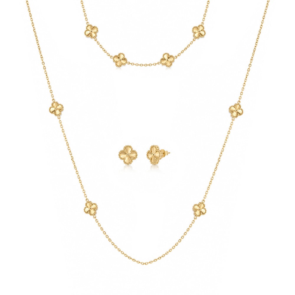 Gargantilla con Guillo y Aretes de Flores en Oro amarillo 14k