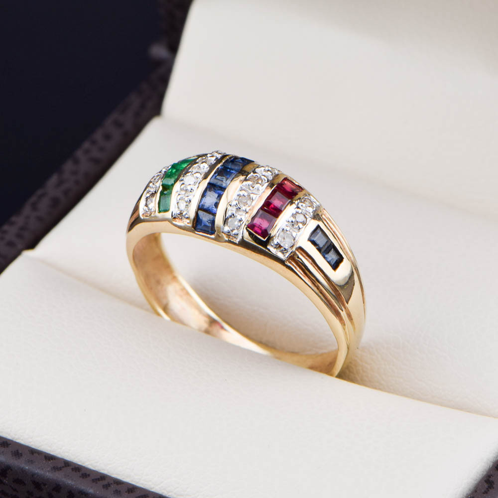 Anillo de Oro 14k Esmeralda, Zafiro, Rubí Baguettes y Diamantes Corte Brillantes