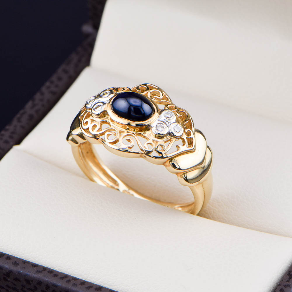 Anillo de Oro 14k Zafiro Ovalado y Diamantes